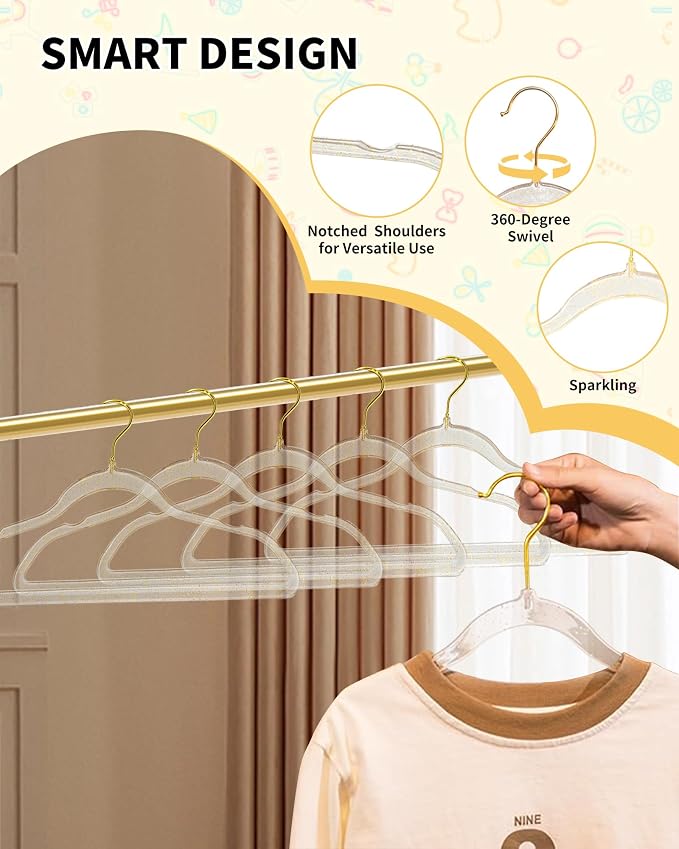 50pcs Slim Clear Toddler Hangers with 10 Connector Hooks for Kid's Closet | Swivel Golden Sparkling Baby Clothes Hangers with Gold Glitter for Infant Coat Outfit, Perchas for Children Boy Gril Nursery - Image 4