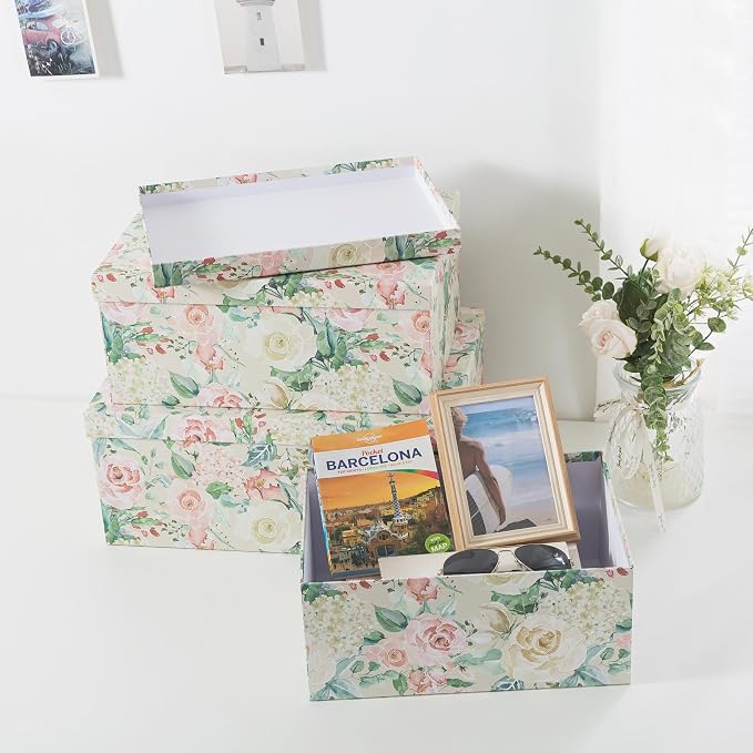 Soul & Lane - Blooming Rose Decorative Storage Boxes with Lids, Set of 3 | Large Nesting Cardboard Keepsake Boxes for Photos and Memories, Floral Photo Storage Containers for Home Decor - Image 7