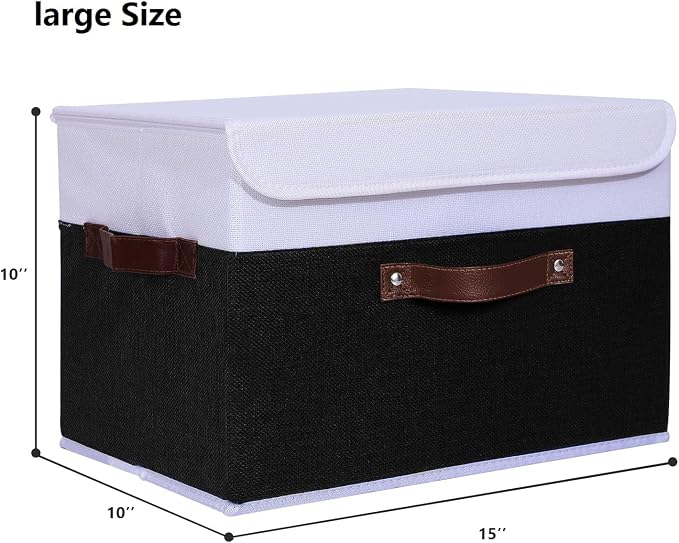 ANMINY Fabric Storage Box Bins with Lids, Black White, 15"x10"x10", 4 Pack | Keepsake Memory Storage, Cotton Linen, PP Board Reinforced, Washable, PU Handles, Foldable & Stackable, Decorative, Large - Image 5