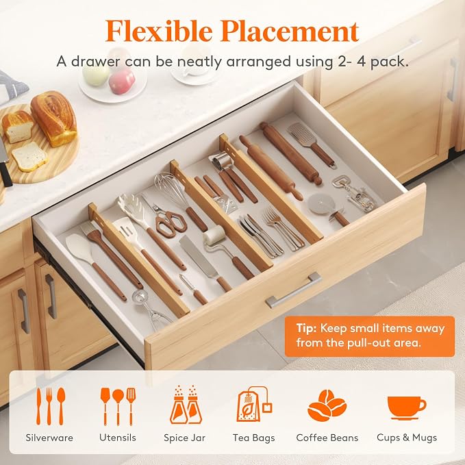 Lifewit 2.4" Kitchen Drawer Dividers, Adjustable Bamboo Drawer Organizers | 8 Pack 17.5"-22" Expandable Drawer Separator for Clothes, Utensils, Dresser, Cabinet, Closet, Nursery Organization & Storage - Image 6
