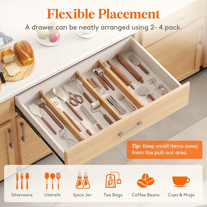 Lifewit 2.4" Kitchen Drawer Dividers, Adjustable Bamboo Drawer Organizers | 6 Pack 17.5"-22" Expandable Drawer Separator for Clothes, Utensils, Dresser, Cabinet, Closet, Nursery Organization & Storage - Image 5