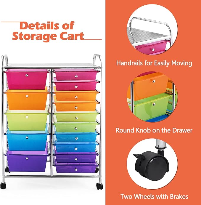 15 Drawer Rolling Storage Cart, Rolling Cart with Drawers for Classroom, Art Supply Craft Organizer on Wheel with Metal Frame & Handles for Home Office School - Image 5