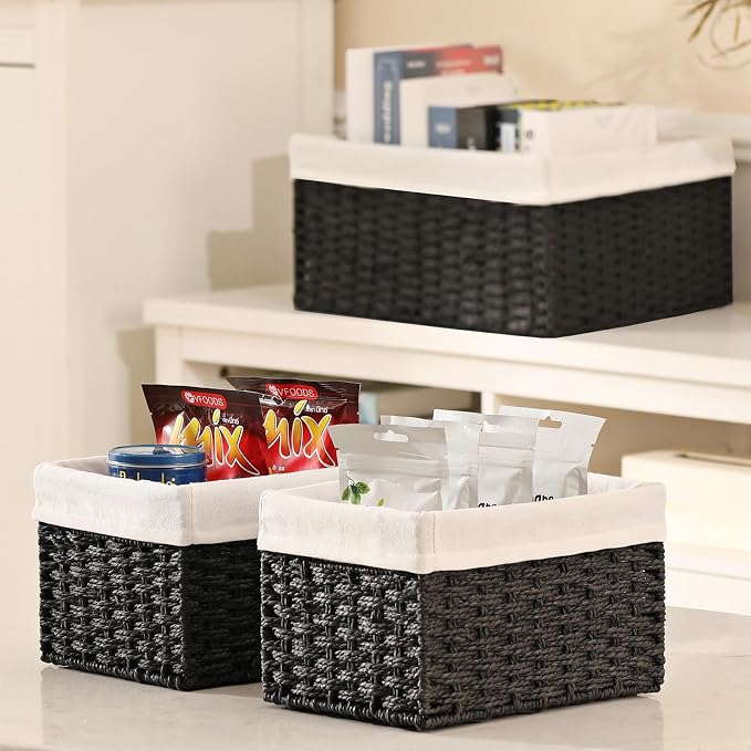 Storage Basket, 3-Pack Woven Paper Rope Wicker Baskets for Storage with Handles, 15 Inches Large Cube Storage Bins Woven Storage Baskets with Liners for Shelves Organizing & Decor, Black - Image 4