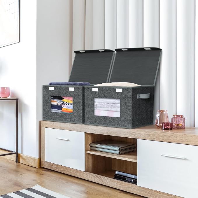 Univivi Fabric Foldable Storage Boxes with Lids, 4 Pack, Black | 17 x 12 x 12 In Large Storage Bins with lid & Carry Handles, Stackable Design Closet Storage Containers for Home Clothes - Image 5