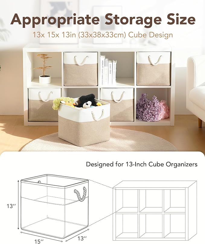 13x15x13 Inch Large Storage Bins with Cotton Rope Handles 6-Pack | Foldable, Top support of metal frame, Bottom with Cardboard Support, Fabric Cube Storage Bins for Closet, White Khaki - Image 2