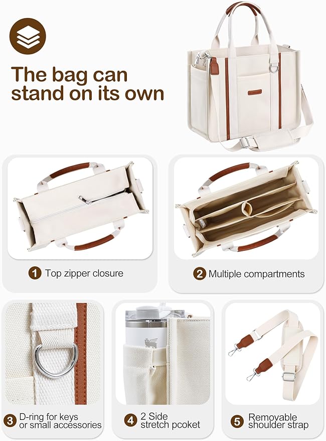 BESBESME Women’s Canvas Tote Bag with Zipper and Compartments – Multi-Pocket Laptop Work Crossbody Shoulder Tote Purse - Image 3