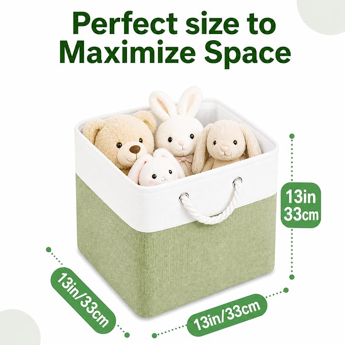 Fabric Storage Cubes 13 x 13, Collapsible Storage Bins for Shelf Baskets, Cube Storage Organizer White Green Bins with Cotton Handles, Foldable Storage Bin box, Cube Storage Bin 6 Pack - Image 4