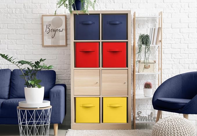 Sorbus Storage Cubes - 11" Foldable Storage Bins with Handle for Nursery, Playroom, Closet Organizers and Storage - 6 Fabric Shelf Basket for Toys, Books, Clothes - Yellow Navy & Red Storage Bins - Image 4