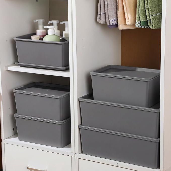 6 Pcs Plastic Storage Bins with Lids Stackable Storage Containers Durable Box Baskets for Organizing Shelves Playroom Classroom Office (Large and Small,Grey) - Image 5