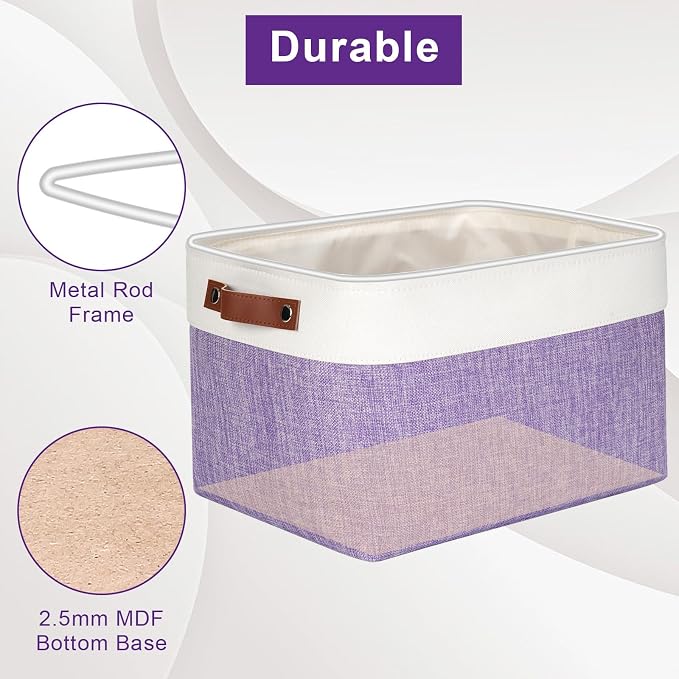 Storage Bins Large Fabric Storage Baskets for Shelves 3 Pack, Decorative Linen Closet Baskets with Handles for Organizing, Shelf, Clothes, Home, Office, 15x11x9.5Inches (Purple&White) - Image 4