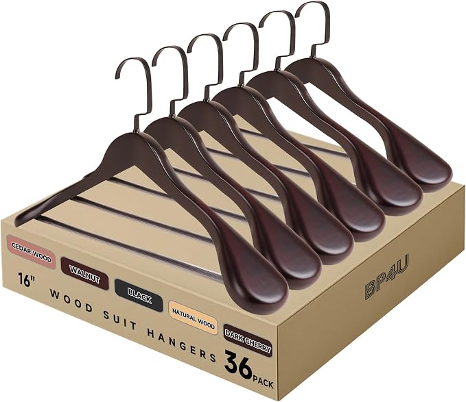 Wooden Suit Hangers with Non Slip Pants Bar, Dark Cherry, 36-Pack, 16" | Wood Extra-Wide Shoulder Hangers, Flat-Head Hook Hangers for Suits, Coats, Jackets, Shirts, Pants, and Heavy Clothes by BP4U%E2%84%A2