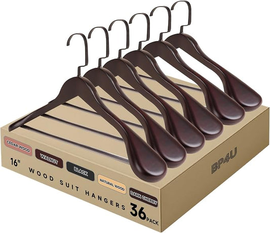 Wooden Suit Hangers with Non Slip Pants Bar, Dark Cherry, 36-Pack, 16" | Wood Extra-Wide Shoulder Hangers, Flat-Head Hook Hangers for Suits, Coats, Jackets, Shirts, Pants, and Heavy Clothes by BP4U%E2%84%A2
