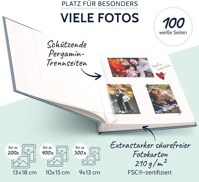 goldbuch Summertime Trend 2 31607 Photo Album with 100 White Pages with Parchment Dividers, Photo Album with Linen Cover, up to 600 Pictures, High Quality Paper, Blue/Grey, 30 x 31 cm - Image 5