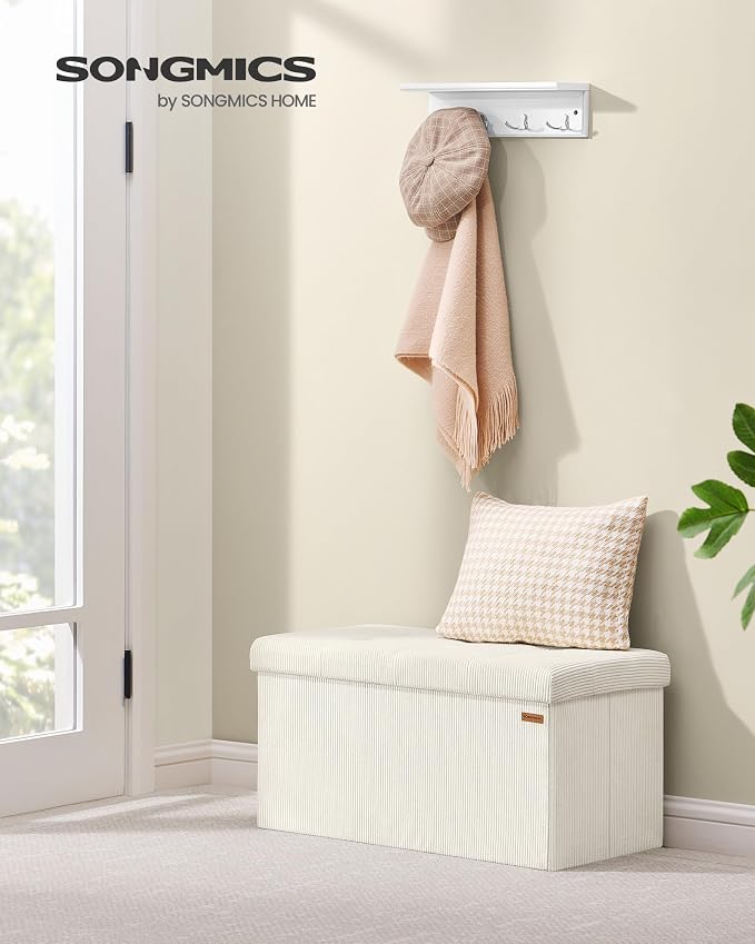 SONGMICS Mazie Collection - Storage Ottoman Bench, Foldable Foot Rest, 15 x 30 x 15 Inches, End of Bed Bench, Storage Chest, Load 660 lb, Living Room, Bedroom, Entryway, Cream White ULSF603W01 - Image 3