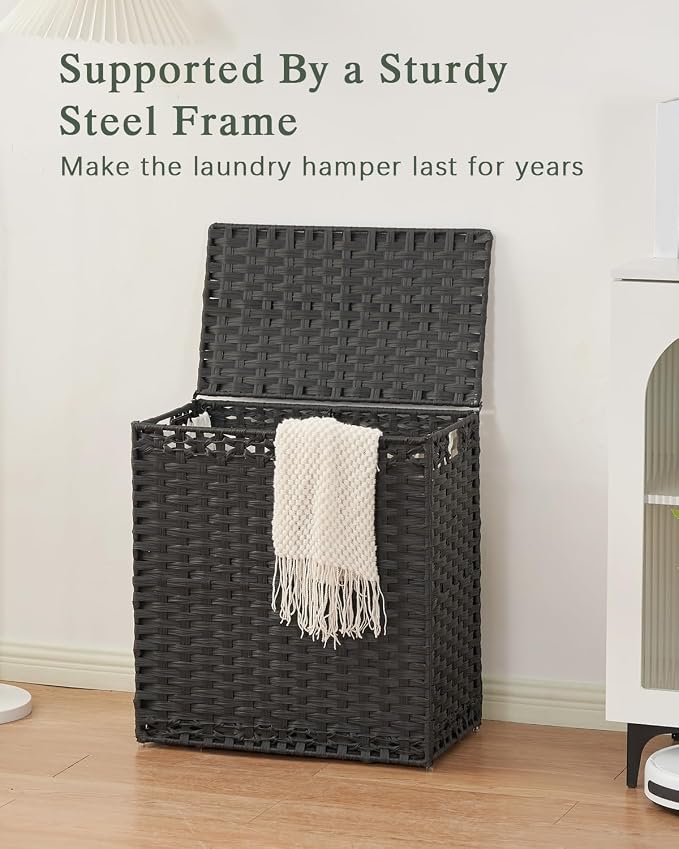 SETVSON Laundry Hamper with Lid Wicker Laundry Basket 112L, Black | Decorative PE Rattan Furniture Look for Bedroom, Large Sorting Hamper with Lid, 3 Liners, 6 Mesh Bags, Steel Frame - Image 8
