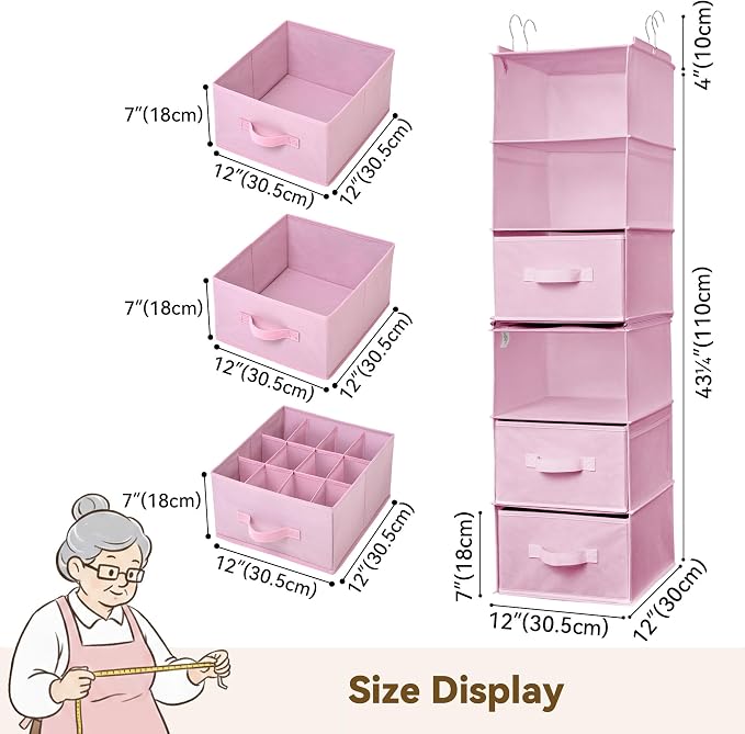 GRANNY SAYS Hanging Closet Organizer, 5 Drawers, 6 Shelves, 6 Pockets, Pink | Hanging Closet Organizer with 5 Different Drawer Designs, 6 Shelves & Reinforced Structure for Organized Small Spaces - Image 3