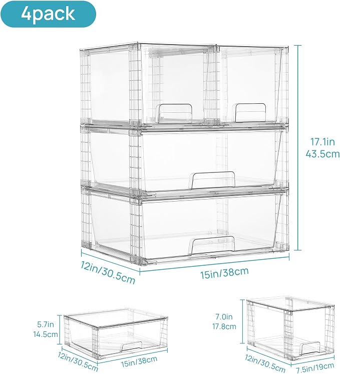 Vtopmart Clear Stackable Storage Drawers, 4 Pack Wide Organizer Set | Wide and Medium Pull-Out PET Drawers with Stackable Design for Balanced Storage, Kitchen Cabinets, Closets and Pantry - Image 3