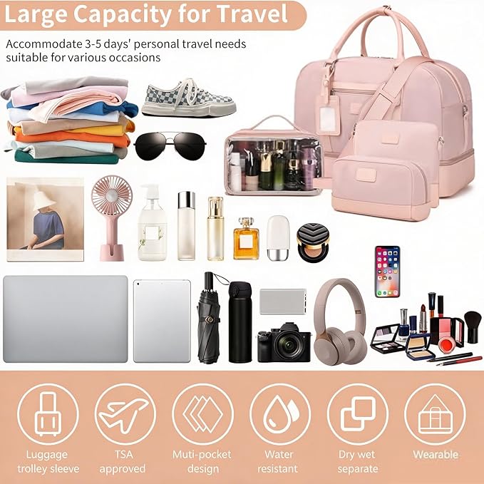 4PCS Weekender Bags for Women Large Overnight Weekend Travel Duffel Bags | Travel Bag Carry-on Tote Hospital Bag with Shoe Compartment Crossbody Toiletry Bag for Travel Business Gym Water Resistant - Image 3