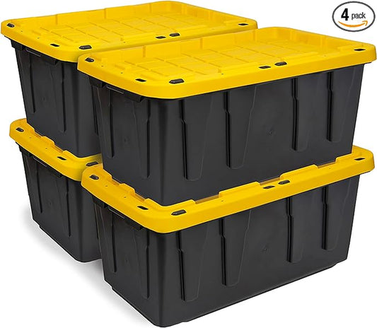 CX Heavy Duty 17-Gallon Stackable Plastic Storage Bins with Lids, 4 Pack | Storage totes for garage organization, Stackable containers, weather-resistant, snap lid, 12.5H x 18W x 26.9D, Black/Yellow by BLACKYELLOW