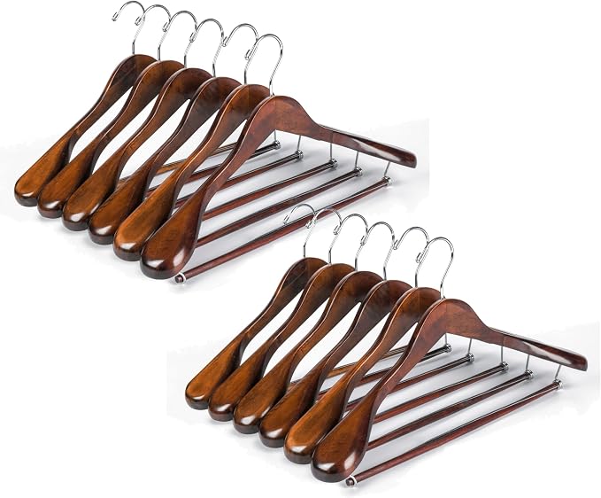 Luxury Wide Shoulder Wooden Hangers 30 Pack, with Locking Bar, Smooth Retro Finish Wood Suit Hanger Coat Hanger for Closet, Holds Upto 20lbs, 360° Swivel Hook, for Jacket, Dress Heavy Clothes Hangers by QualityHangers