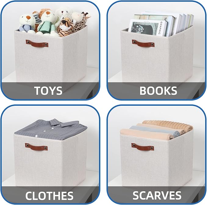 Temary Fabric Storage Cubes Storage Bins with Dual Leather Handles, 4 Pack Cube Baskets 13x13 Foldable Cube Organizers for Shelves, Home, Office, Nursery - Image 5