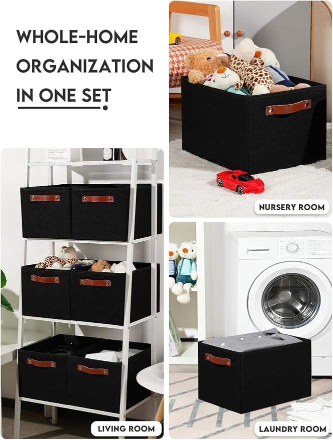 Fabric Storage Bins (15x11x9.5”) – Reinforced 2.5mm Cardboard Shelf Bins with PU Leather Handles – [6-Pack] Durable Storage Baskets for Closet Organization, Toy Organizer, & Home Office – Black - Image 6