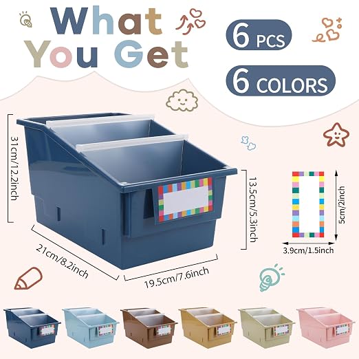 gisgfim 6 Pack Picture Book Bin with Dividers Classroom Library Book Bin Small Plastic Books Holders with Labels for Classroom Library Magazines Storage Organizer 13.5 x 8.75 x 7.75 in(Vintage) - Image 2
