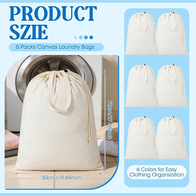Zhehao 6 Packs Large Canvas Laundry Bags 20" x 28" Cotton Thick Cloth Laundry Bag with Handles & Drawstring Heavy Duty for Basket Hamper college Dorm Apartment Dwellers and Travel(White) - Image 2