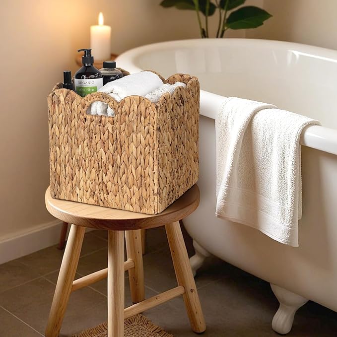 Set of 4 Foldable Scalloped Water Hyacinth Storage Cubes Basket, Storage Cube Bins -12"x12"x12", Collapsible Cube Organizers, Water Hyacinth Woven Bins for Bathroom, Bedroom, Laundry, Pantry, Shelves - Image 5