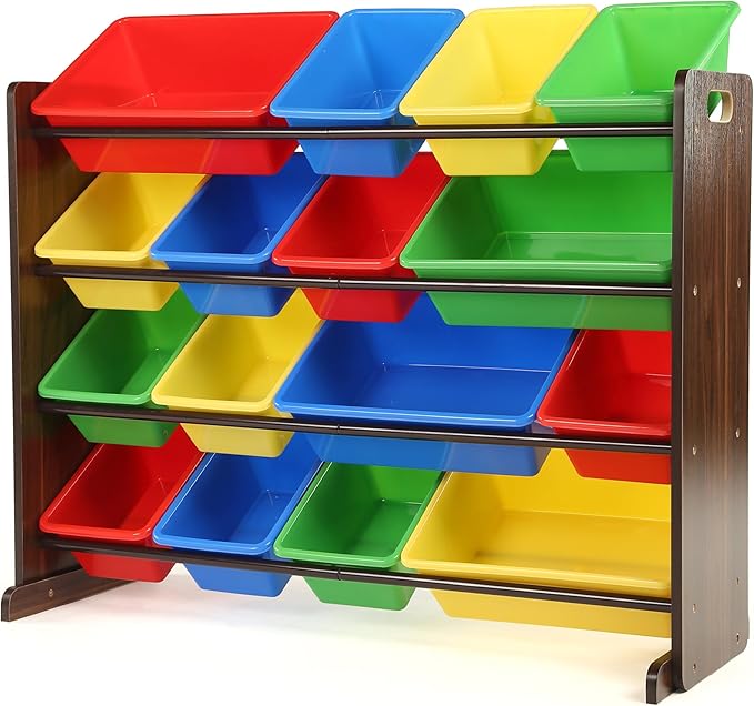 Humble Crew Kids Toy Organizer with 16 Bins, 4 Tier Storage for Playroom | Sturdy wood and steel toddler shelf, removable BPA-free containers, wall anchor anti-tip safety kit for bedroom or classroom by HumbleCrew