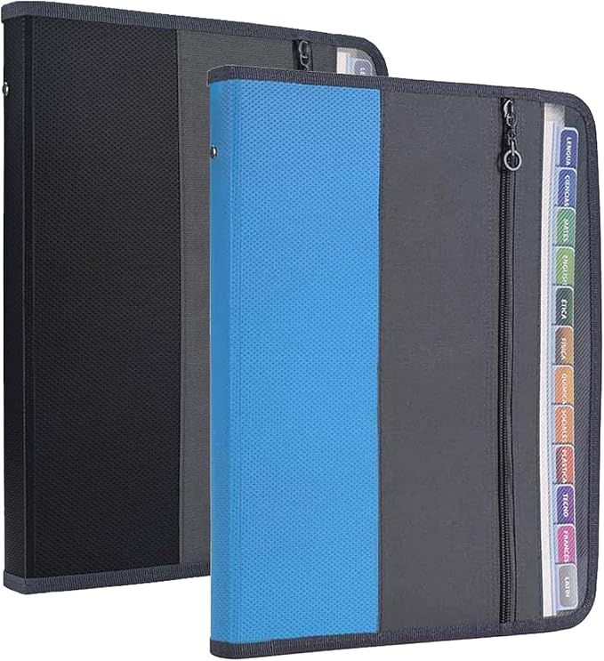 NAFY Expanding File Folders, 2Pack, 13 Pockets, A4 Letter Size, Portable Accordion, Zipper, Multicolor Labels, Office School Supplies, Black+Blue by Nafy