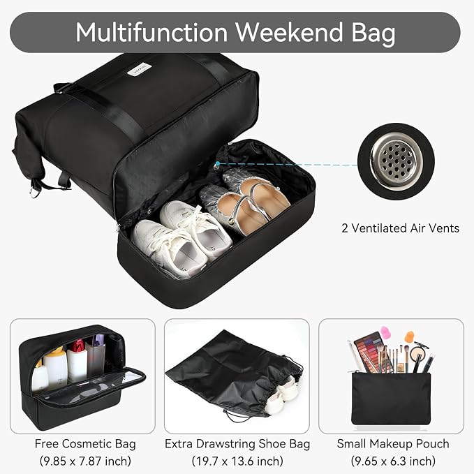 Voova Weekender Duffle Bag Set with Shoe Compartment, 4 Piece, Black | Carry-on travel set includes weekender, shoe bag, toiletry bag and makeup pouch for organized overnight trips - Image 3