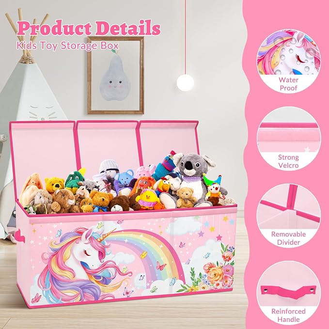Large Toy Box Collapsible Chest Organizer with Flip Lid for Kids | Oxford Storage Box with Handle for Boy Girl Sturdy Waterproof Organizing Decor for Bedroom Playroom Nursery 37.7×12.5×15.7'' - Image 3