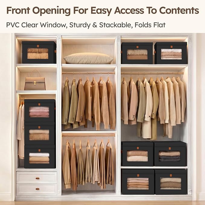 Storage Bins with Lids - Front Opening Storage Box with Clear Window & Handles, Stackable Foldable Fabric Bins for Closet Organization, Clothes, Sweaters, Towels, Blankets, 3 Pack, Black - Image 2