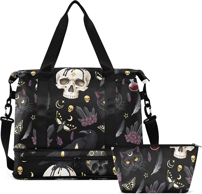 Goth Skull Moth Sports Duffel Tote Bag - Wet Pocket Weekender Overnight Gym Carry On Hospital Bag for Women Men by MNSRUU