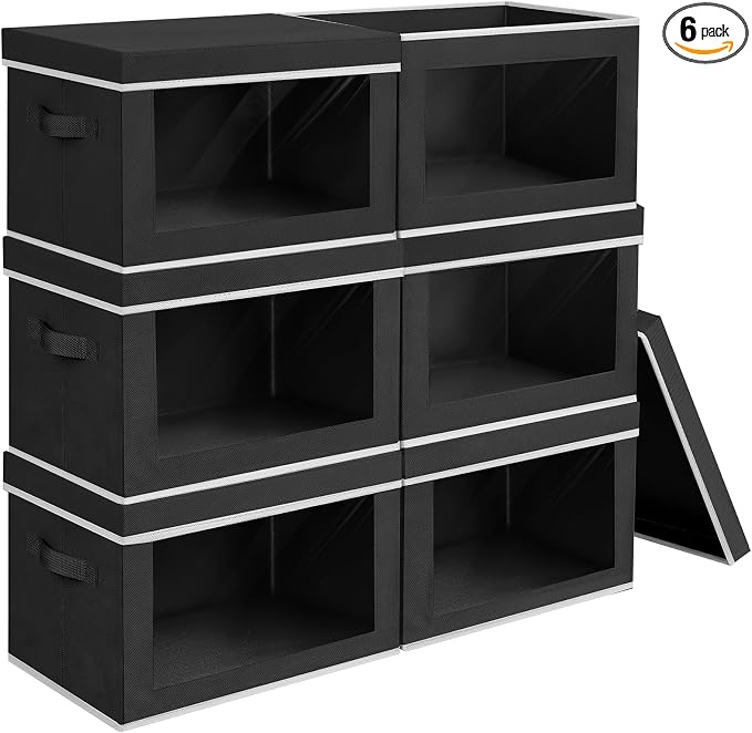 Large Storage Baskets with Lids - Stackable Cube Bins for Closet, 6 Pack Black Windows Organizer Bins, Home Organizers and Storage for Clothes, CD, Towels by Homsorout