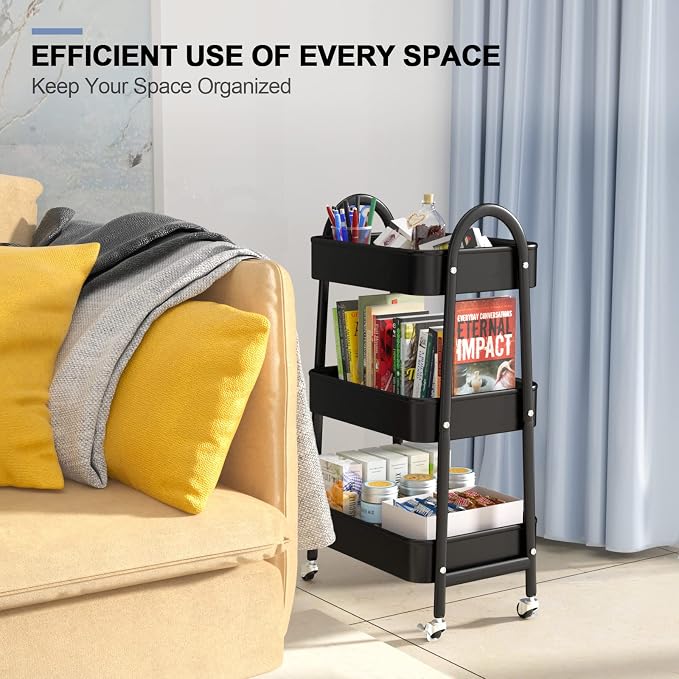 3 Tier Utility Rolling Cart, Metal Storage Cart with Handle and Lockable Wheels, Multifunctional Storage Organizer Trolley with Mesh Baskets for Kitchen, Living Room, Office, Garage (Black) - Image 7