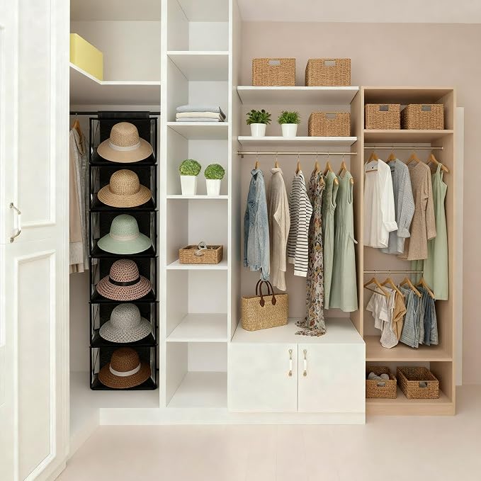 Briwooody 2 Pack XL Cowboy Hat Rack for Closet, 6 Shelf Hanging Hat Organizer for Wide Brim Caps, Dustproof Storage with Cover, Space Saving Closet Organizer for Cowboy Fedora Western Caps - Image 6