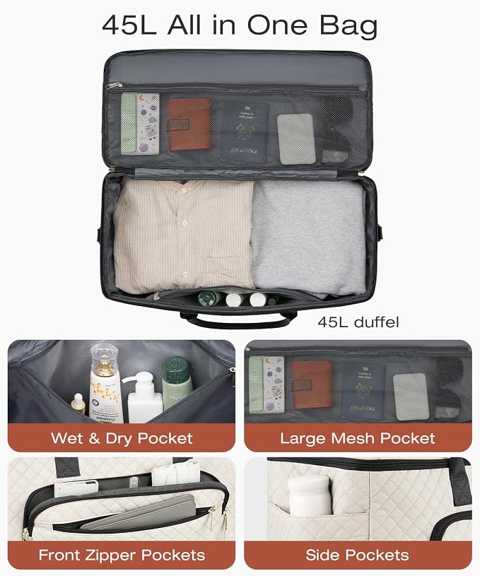 Travel Duffle Bag, Wide Open Large Weekender Bag for Women with Shoe Compartment, Carry on Overnight Bags with Toiletry Bag, Hospital Bag for Women Labor Delivery with Wet Pocket (Beige Black) - Image 2
