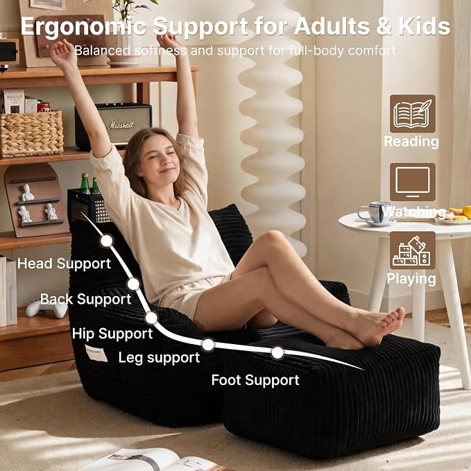 Oversized Bean Bag Chair with Ottoman, Bean Bag Couch with 2 Side Pockets, Corduroy Boneless Couch Chair in a Box, Comfy Lounge Chair for Living Room, Bedroom, Dorm, Black - Image 5