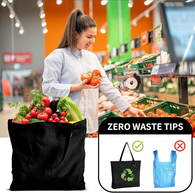1 Pack Canvas Tote Bag with Zipper, Large Grocery Tote, All Black | Reusable, washable, inner pocket, flat bottom, sturdy handle, for sublimation DIY/transfer, travel/beach/gift/Christmas craft - Image 7