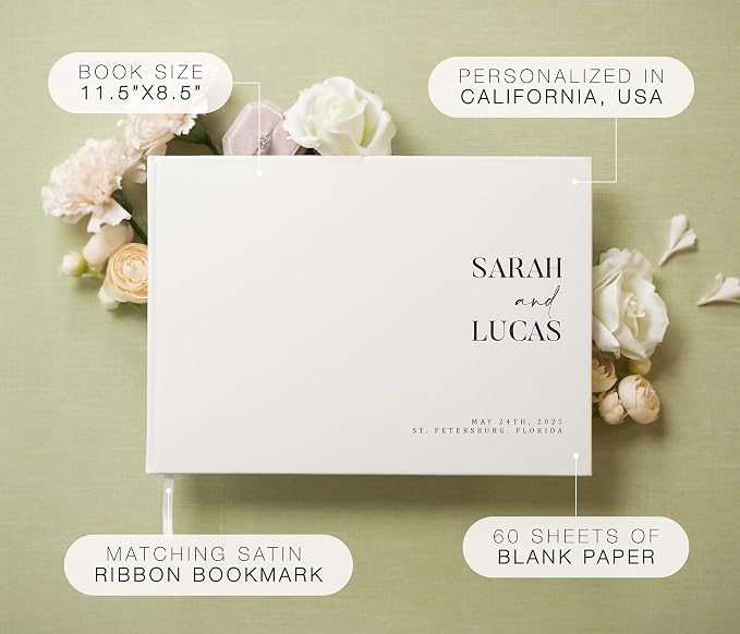 Personalized Guest Book - 11.5" x 8.5" Premium Custom Guest Signing Book with Bookmark and Blank Pages for Wedding Reception Table Decoration Engagement Birthday Party Event, Eggshell - Image 2