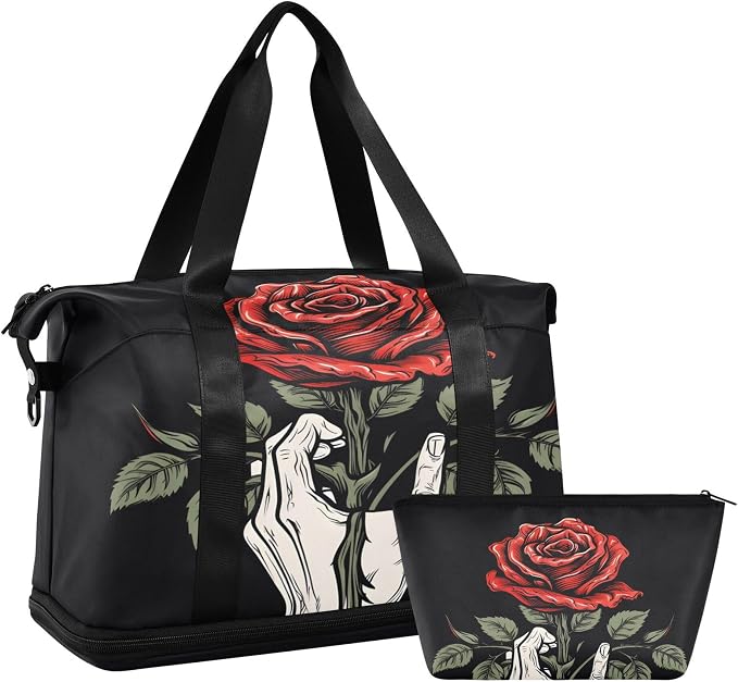 MNSRUU Unisex-Adults Travel Duffel Tote Bag Gothic Skull Rose Sports Gym Weekender Overnight Carry On Hospital Bag, 17.32 x 8.66 x 15.55 inches (expanded), Skull I 4148 - Image 7