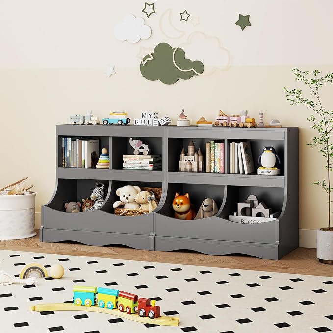 HONEY JOY Kids Toy Storage Organizer, 4-Cubby Wooden Bookcase Cabinet, 2-Tier Open Daycare Shelf for Preschool, Kids Display Bookshelf for Bedroom, Playroom, Classroom & Nursery (Gray) - Image 9