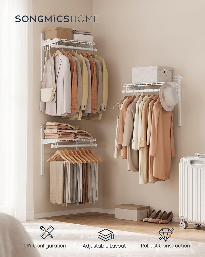 SONGMICS HOME Closet System, Closet Insert Organizer, 3-6 ft Closet Shelves | Adjustable Metal Shelving Unit, 2 Hanging Rods, 4 Shelves, Hooks, Pearl White and Cloud White, PATRIA Collection URGR031W01 - Image 2
