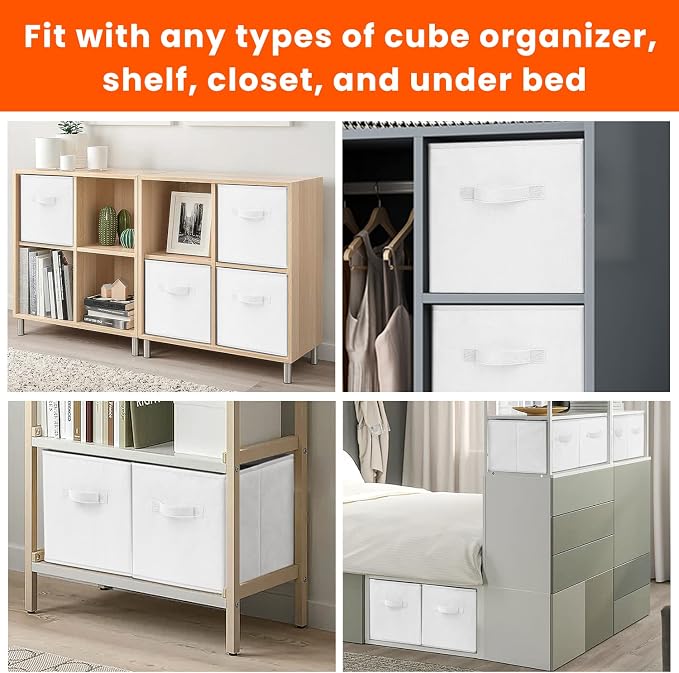 Storage Cubes - 13 Inch Heavy Duty Fabric Storage Bins for Shelves Closet Cube Organizer - 8 Pack Collapsible Cube Storage Bins Baskets for Clothes Blankets Toys - Nursery Organization (White) - Image 3