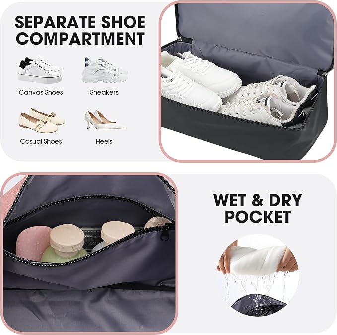 Oeihuivt Weekender Bags for Women with 3 Extra Pack - 21 Inch Large Travel Duffel Bag Set with Shoe Compartment, Heavy-Duty nylon Carry On Overnight Tote Black+Pink - Image 4