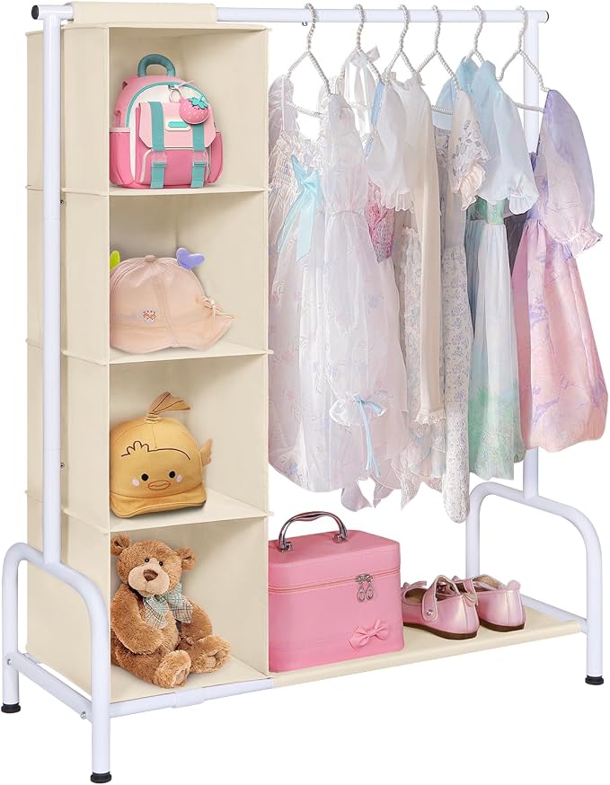 Univivi Kids Clothing Rack with Hanging Organizer, 43 Inch, Beige and White | Toddler Dress Up Storage with Bottom Shelf, Sturdy Metal Baby Closet, Toddler Wardrobe Rack for Nursery, Playroom, Bedroom by Univivi