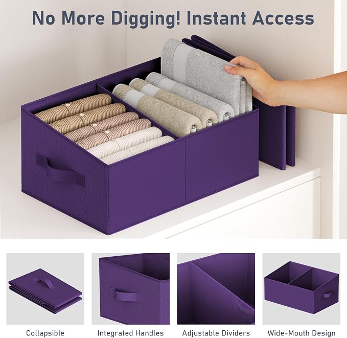 DIMJ Large Closet Shelf Organizer Bins 8 Packs with Handles and Divider, Fabric Trapezoid Storage Baskets, Foldable Clothes Containers Box for Shelf, Towel, Book, Toy, Purse, Hats, Purple - Image 4