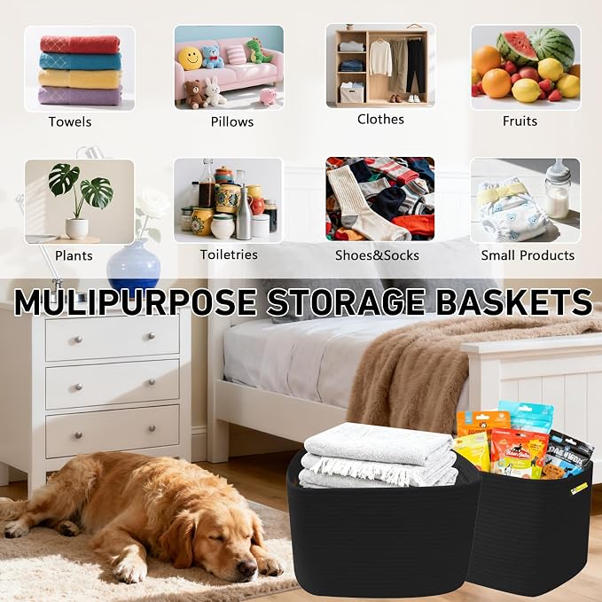 3 Pack Woven Baskets,Storage Baskets for Shelves with Handles | 13.5"×11"×9.5",Closet Baskets,Gift Basket,Nursery Organizer for Toys Towels Books,Storage Bin for Living Room Bedroom-Black - Image 5
